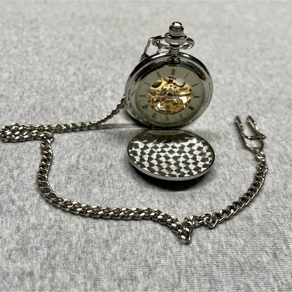 Polished Silver Manual Skeleton Pocket Watch Engraved Tempus Fugit "Time Flies"